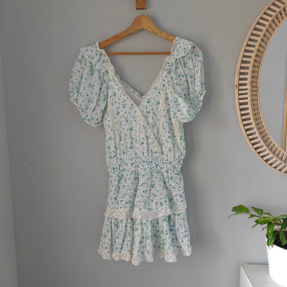 LoveShackFancy Carlo Dress Bella Blue Cotton Floral Lace Mini XS